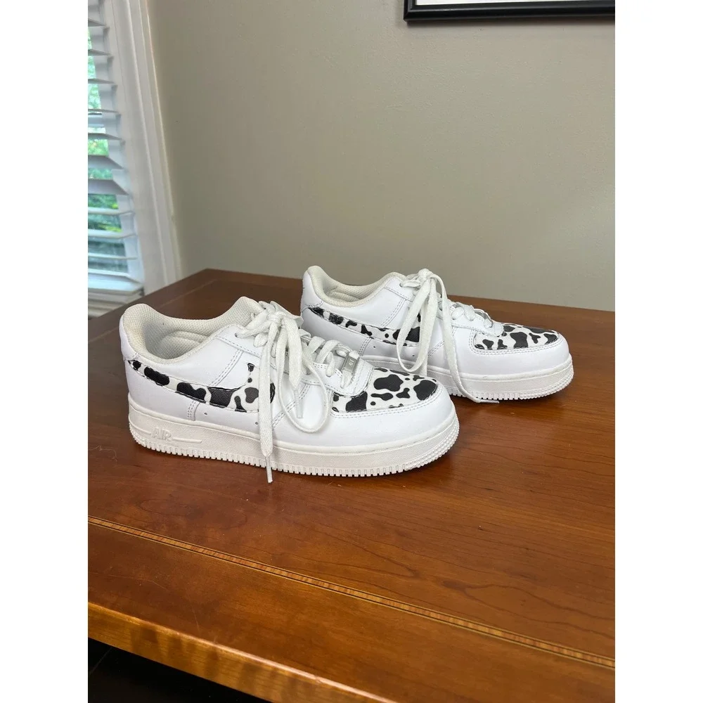 Nike Air Force 1 Low‎ Custom Cow Print White Black Sneakers 315115-112 Womens 7
